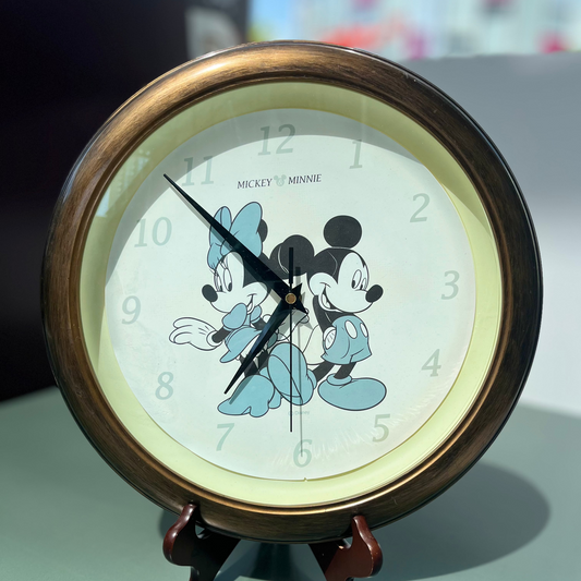 Mickey Mouse clock with wooden frame on a stand