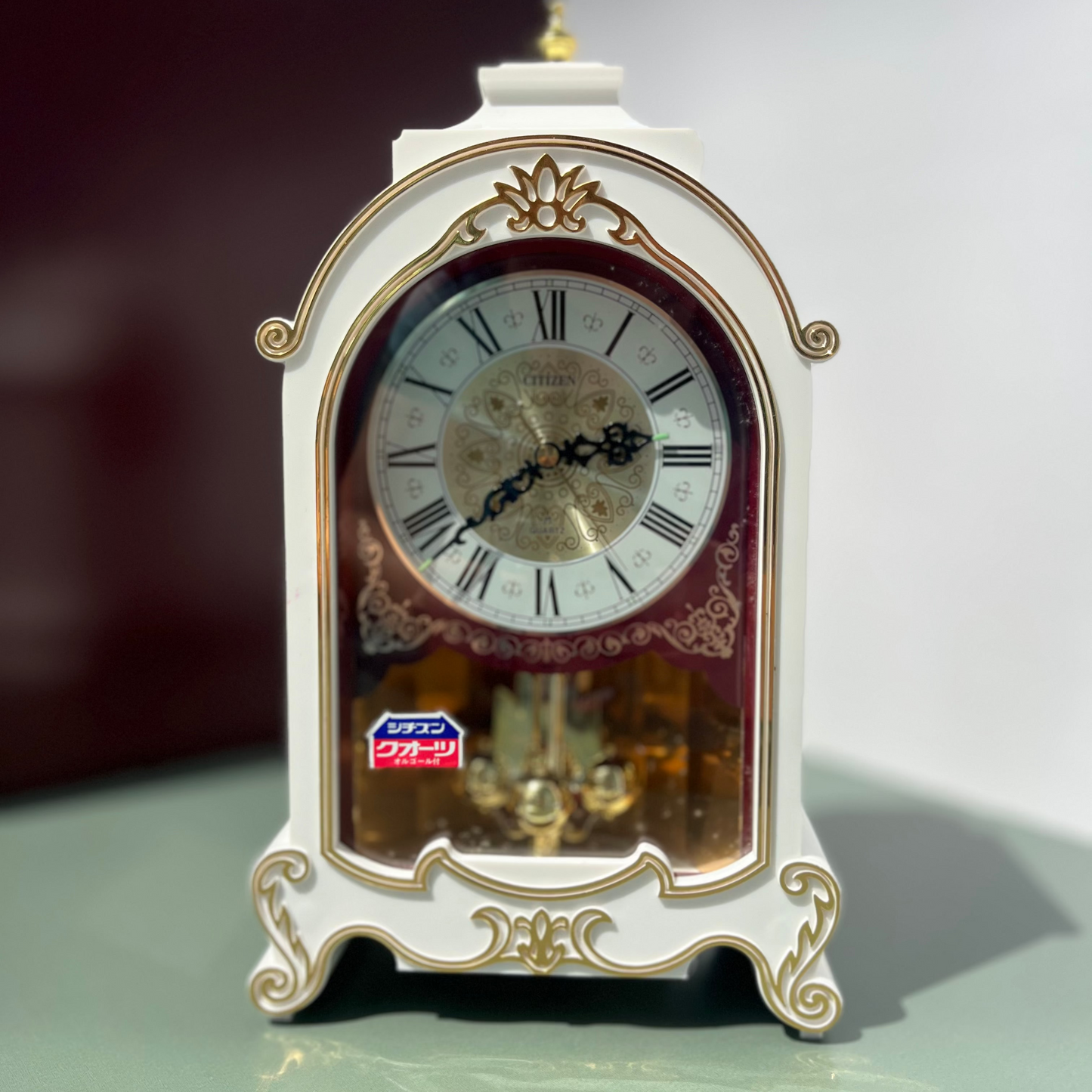 CITIZEN ORNATE MANTEL CLOCK QUARTZ JAPAN PRELOVED WHITE GOLD MUSICAL PENDULUM CLOCK