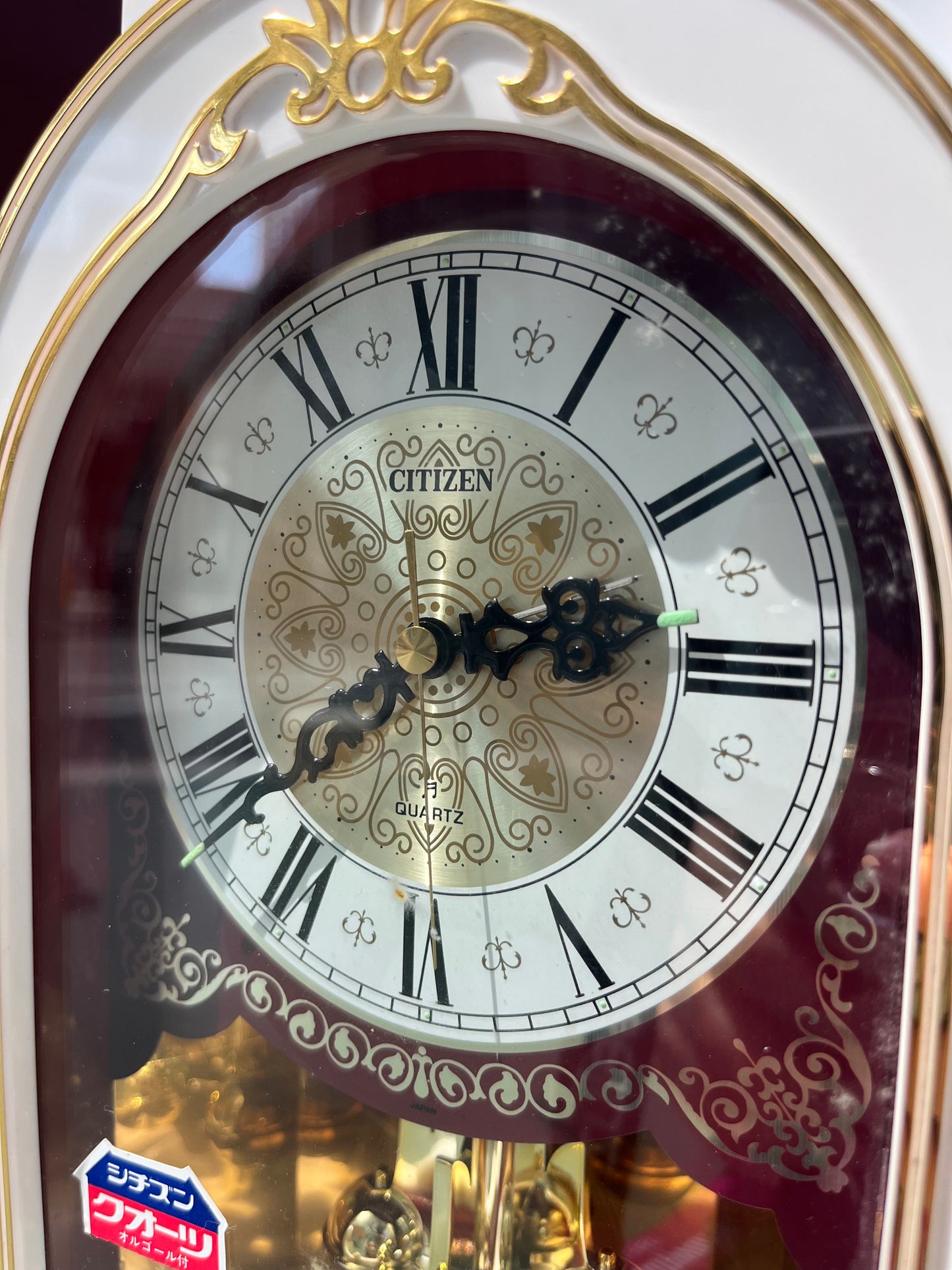 CITIZEN ORNATE MANTEL CLOCK QUARTZ JAPAN PRELOVED WHITE GOLD MUSICAL PENDULUM CLOCK