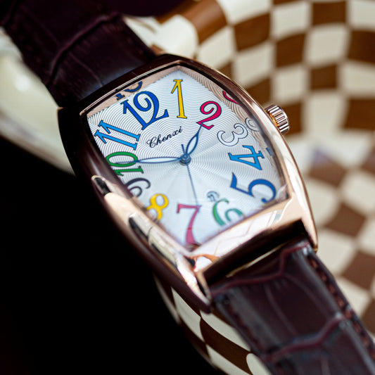 Watch with colorful numbers on a checkered background